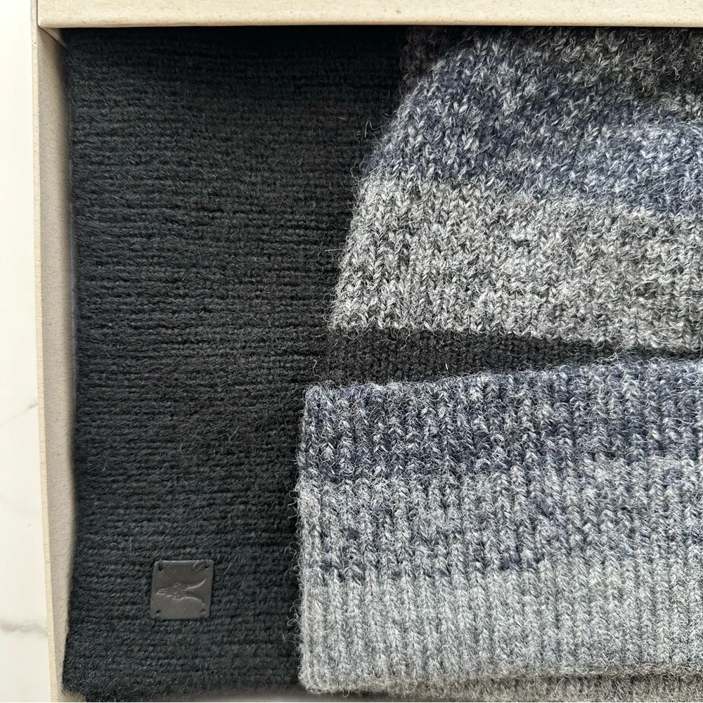 NWT AllSaints Men's Marl Stripe Hat & Scarf Set (Blue, Black, and Gray)